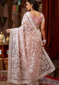 Embroidered Net Scalloped Saree in Pink