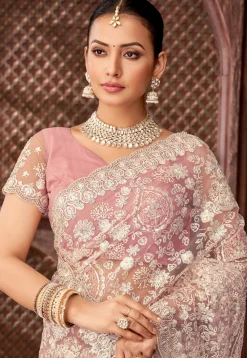 Embroidered Net Scalloped Saree in Pink