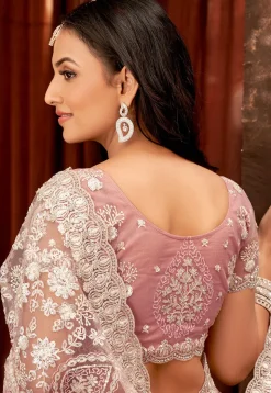 Embroidered Net Scalloped Saree in Pink