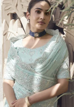 Embroidered Net Scalloped Saree in Light Blue