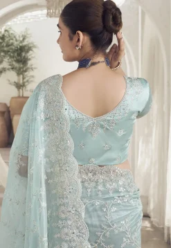Embroidered Net Scalloped Saree in Light Blue
