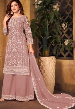 Embroidered Net Scalloped Pakistani Suit in Brown