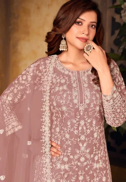 Embroidered Net Scalloped Pakistani Suit in Brown