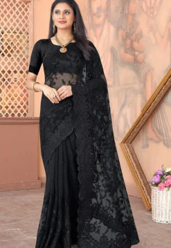 Embroidered Net Scalloped Saree in Black