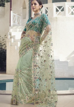 Embroidered Net Scalloped Saree in Light Green