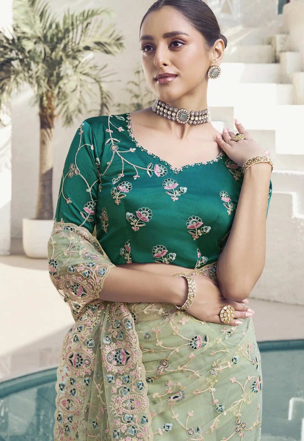 Embroidered Net Scalloped Saree in Light Green
