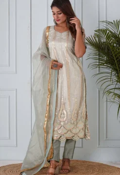 Embroidered Net Scalloped Hem Pakistani Suit in Pastel Green