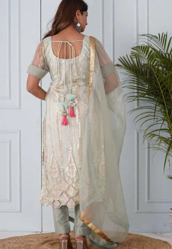 Embroidered Net Scalloped Hem Pakistani Suit in Pastel Green