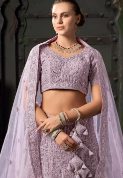 Embroidered Net Scalloped Lehenga in Purple