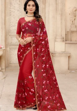 Embroidered Net Scalloped Saree in Red