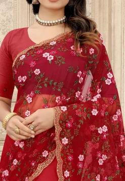 Embroidered Net Scalloped Saree in Red