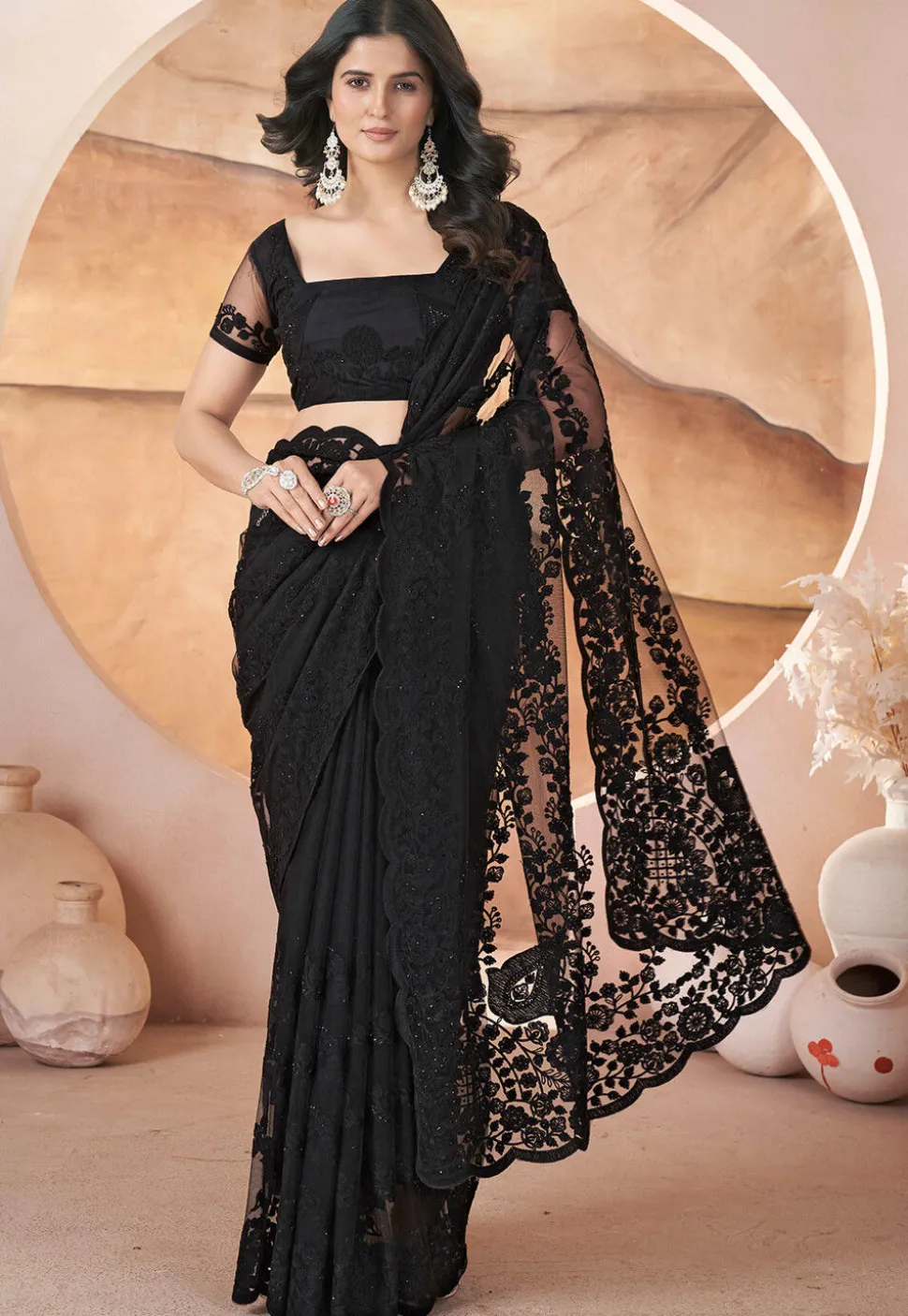Embroidered Net Scalloped Saree in Black