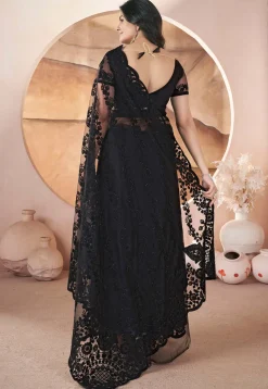 Embroidered Net Scalloped Saree in Black
