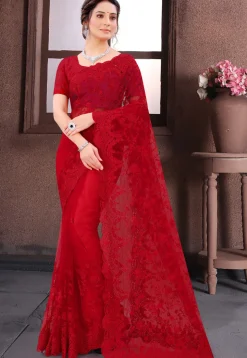 Embroidered Net Scalloped Saree in Red