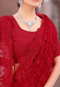 Embroidered Net Scalloped Saree in Red
