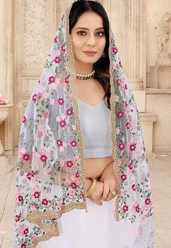 Embroidered Net Scalloped Saree in White