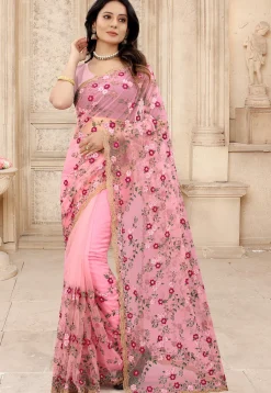 Embroidered Net Scalloped Saree in Peach