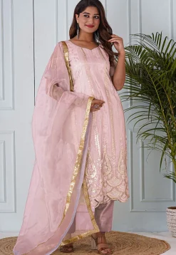 Embroidered Net Scalloped Hem Pakistani Suit in Baby Pink