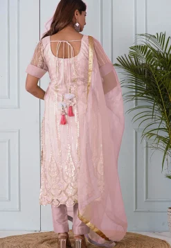 Embroidered Net Scalloped Hem Pakistani Suit in Baby Pink