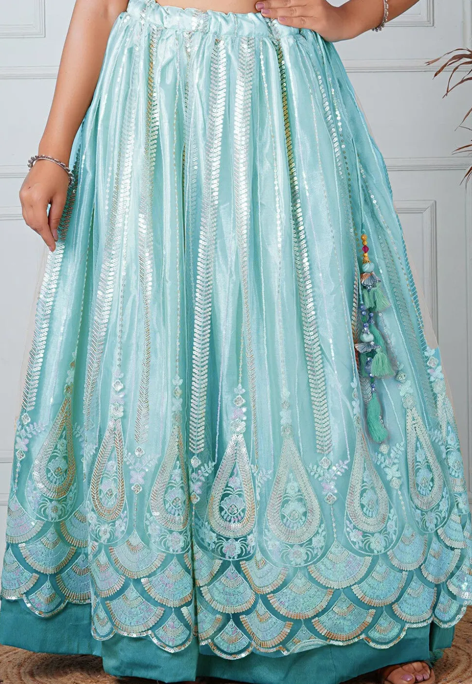 Embroidered Net Skirt in Sky Blue