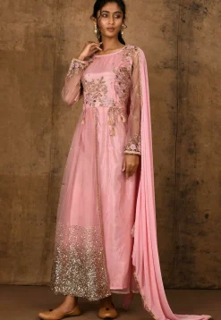 Embroidered Net Straight Suit in Peach