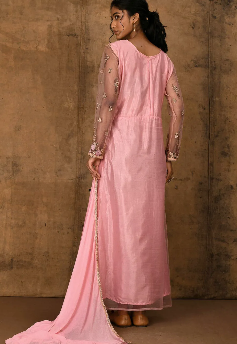 Embroidered Net Straight Suit in Peach