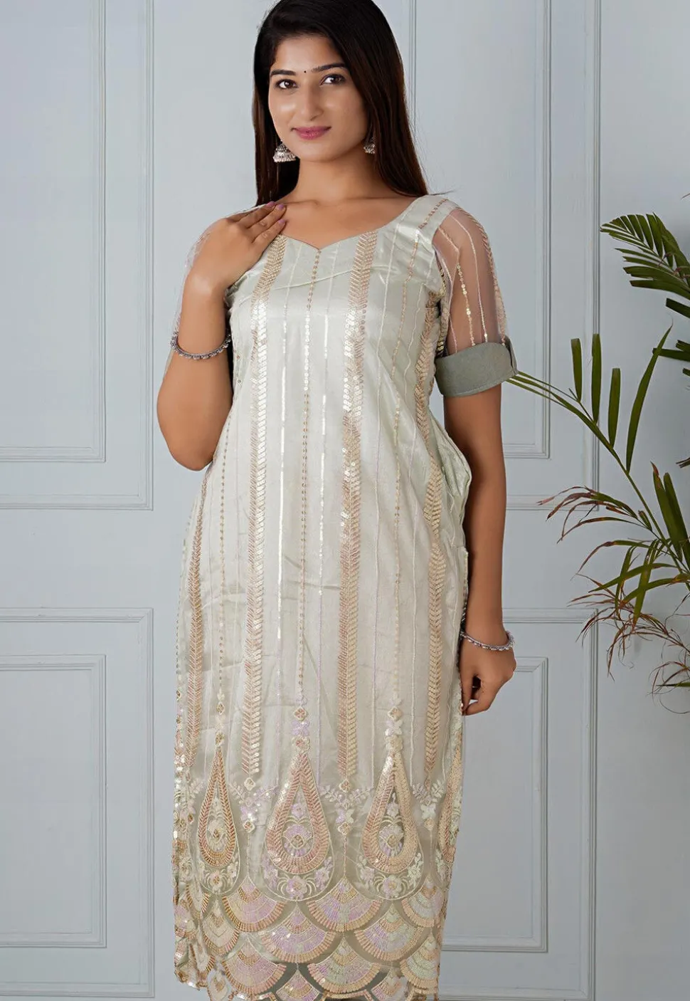 Embroidered Net Straight Kurta in Pastel Green