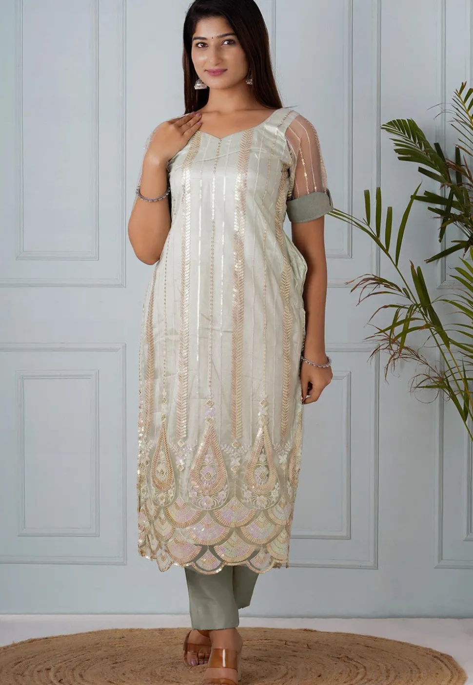 Embroidered Net Straight Kurta in Pastel Green