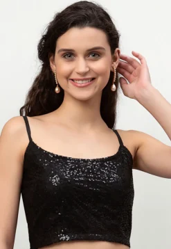 Embroidered Net Strappy Crop Top in Black