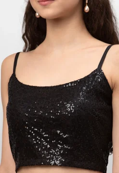 Embroidered Net Strappy Crop Top in Black