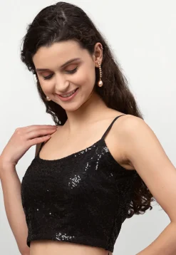Embroidered Net Strappy Crop Top in Black