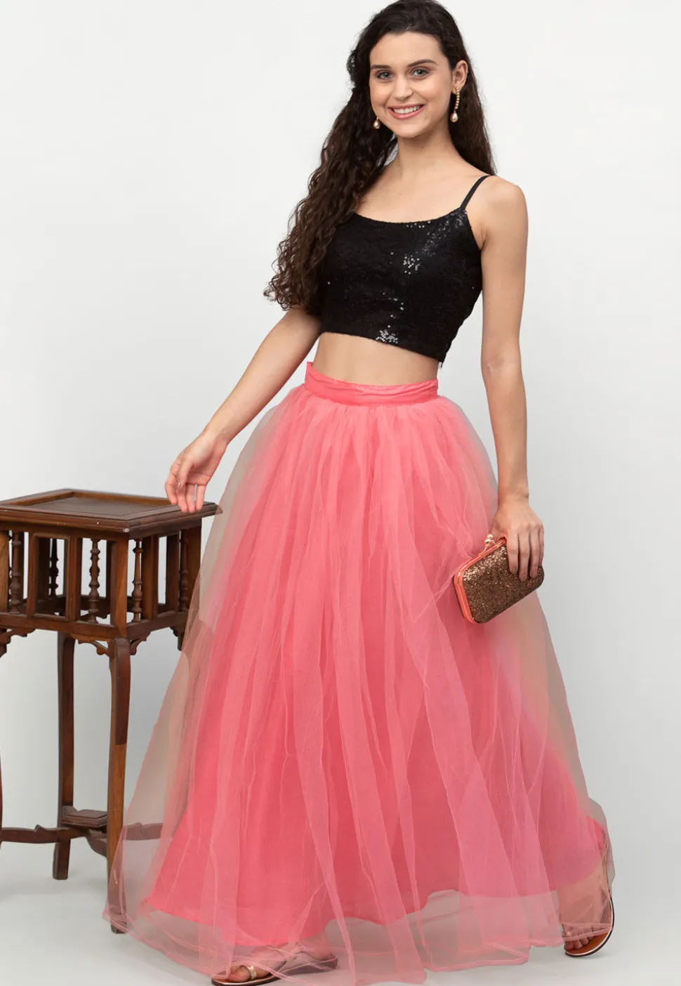 Embroidered Net Strappy Crop Top in Black