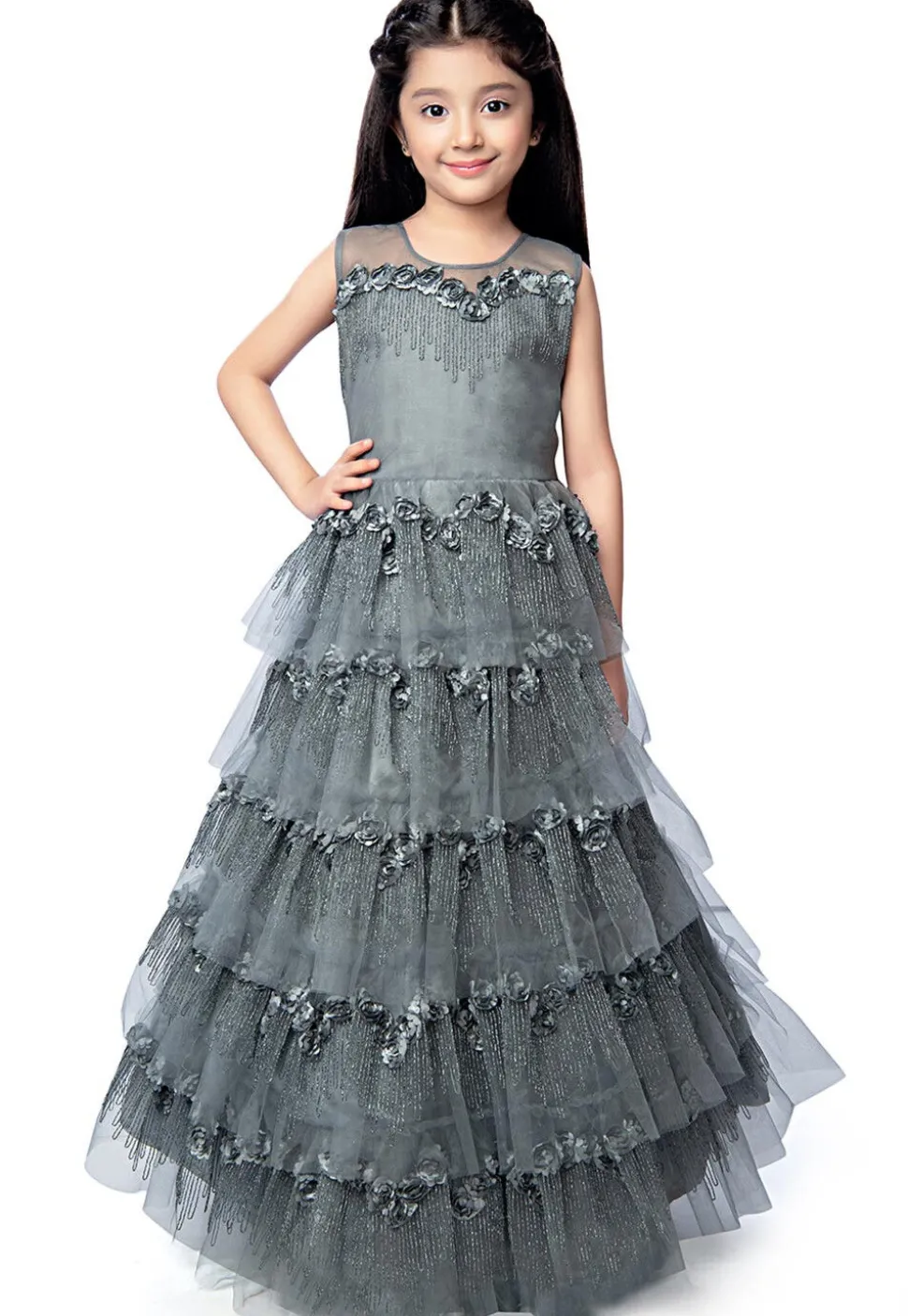 Embroidered Net Tiered Gown in Grey
