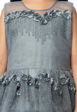 Embroidered Net Tiered Gown in Grey