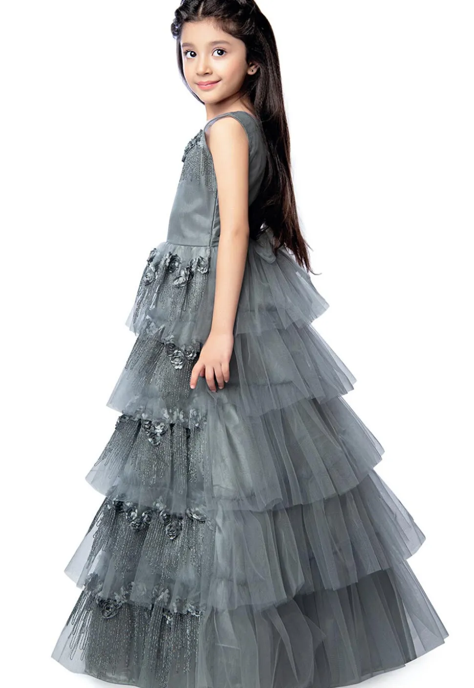 Embroidered Net Tiered Gown in Grey