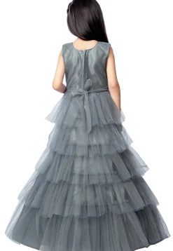 Embroidered Net Tiered Gown in Grey