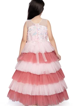 Embroidered Net Tiered Gown in Light Pink and Peach