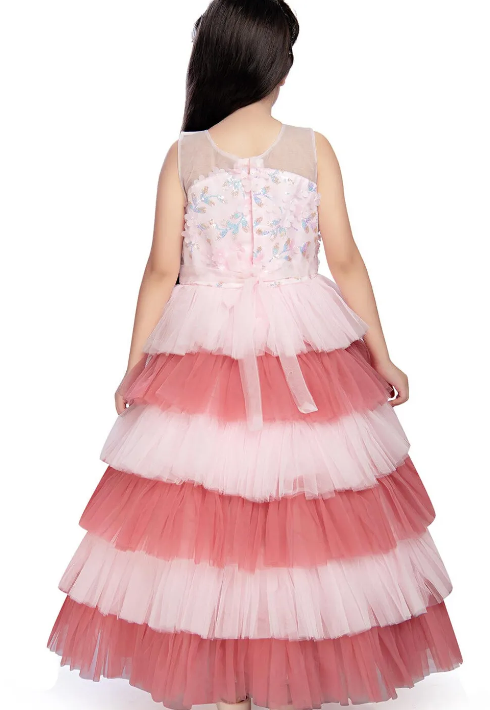 Embroidered Net Tiered Gown in Light Pink and Peach