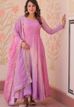Embroidered Organza Abaya Style Suit in Shaded Pink and Purple