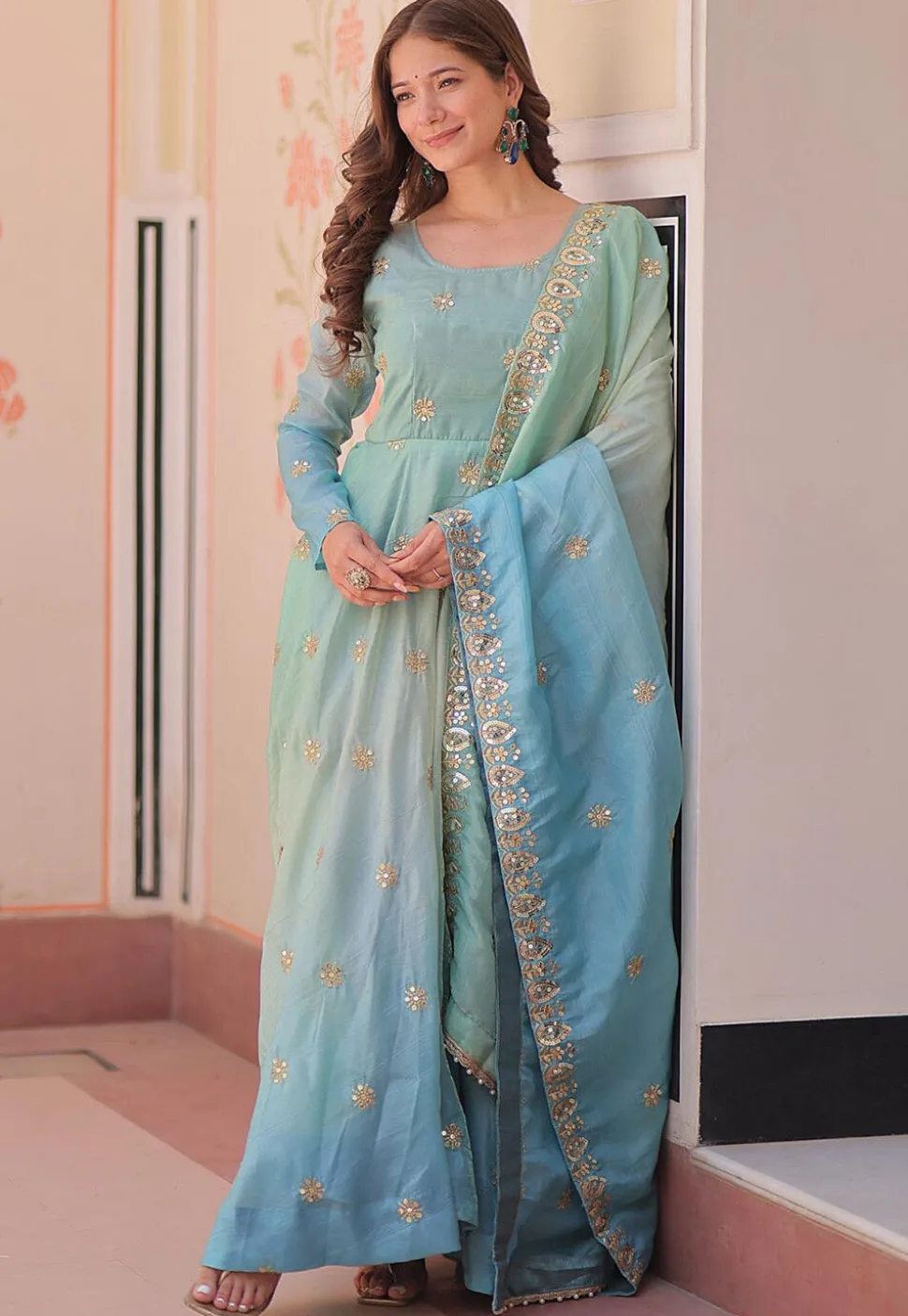 Embroidered Organza Abaya Style Suit in Shaded Green and Blue
