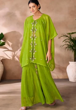 Embroidered Organza Crop Top Set in Light Green