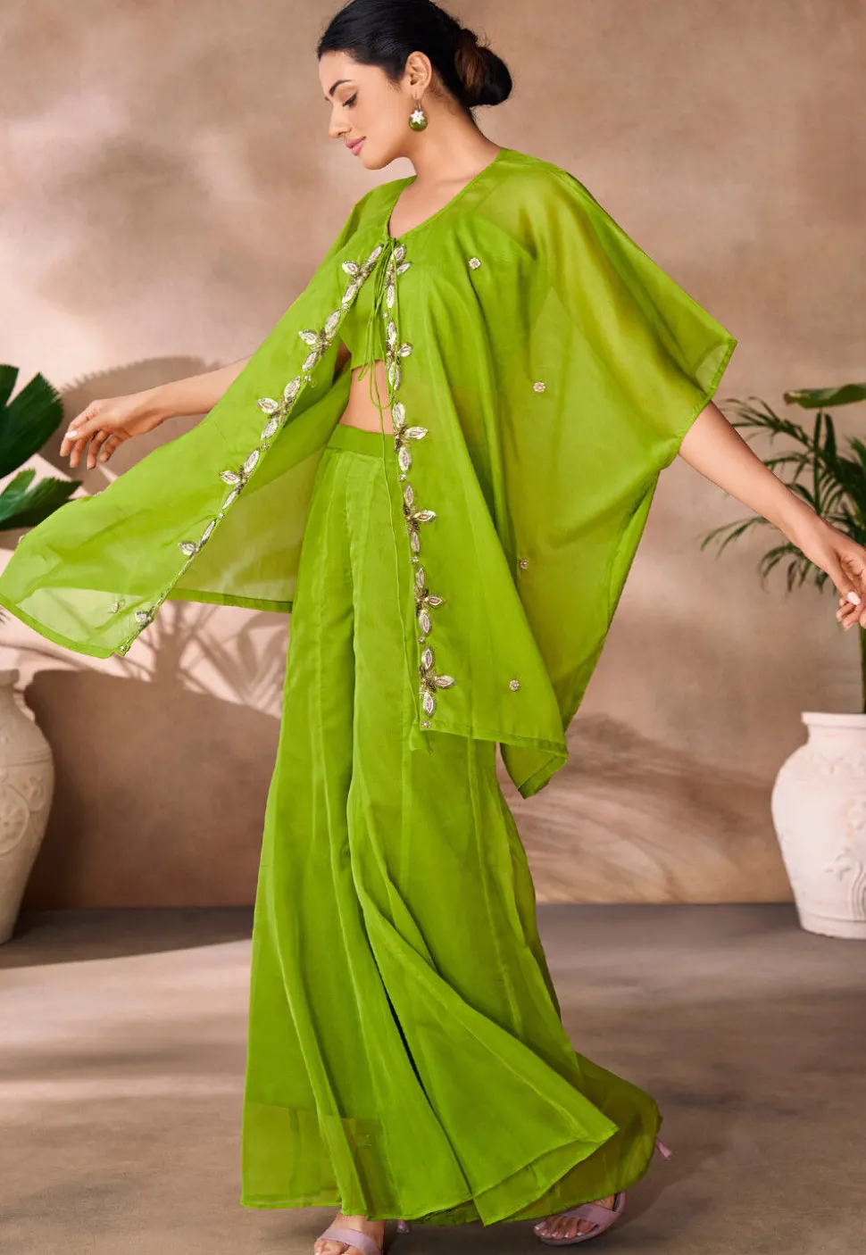 Embroidered Organza Crop Top Set in Light Green