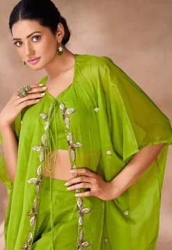 Embroidered Organza Crop Top Set in Light Green