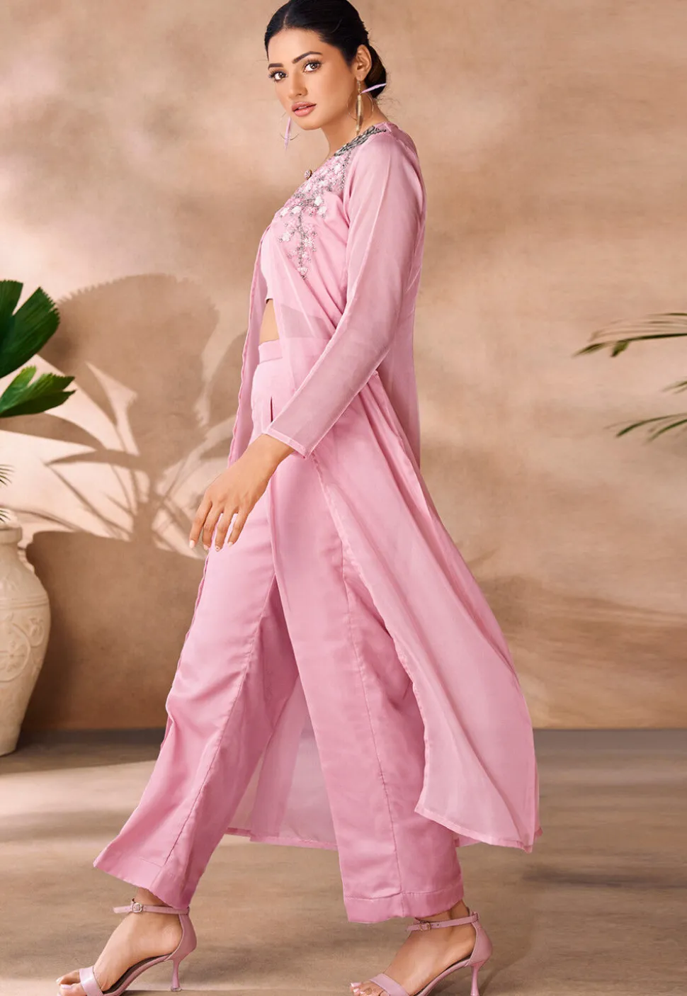 Embroidered Organza Crop Top Set in Baby Pink