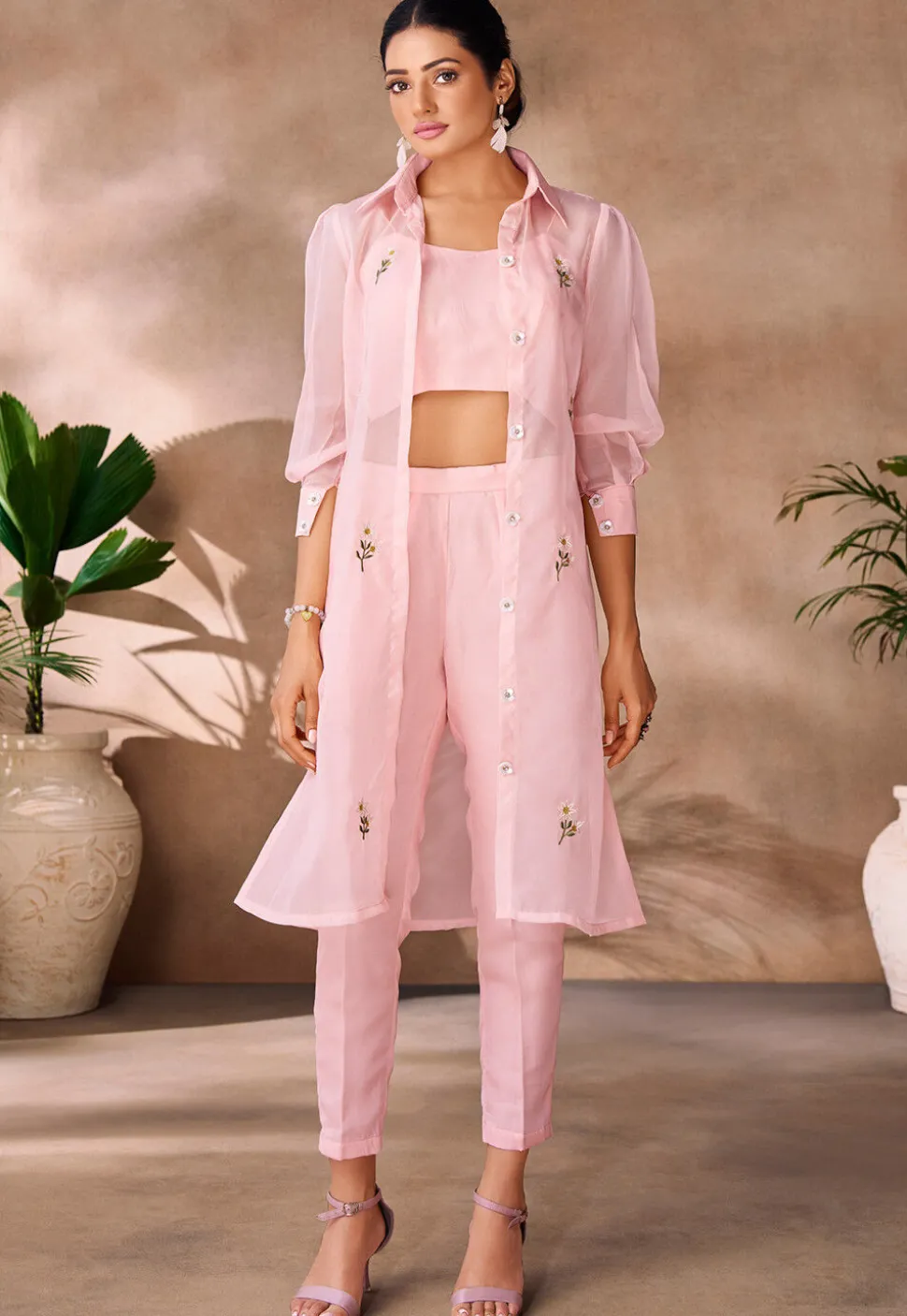 Embroidered Organza Crop Top Set in Pink