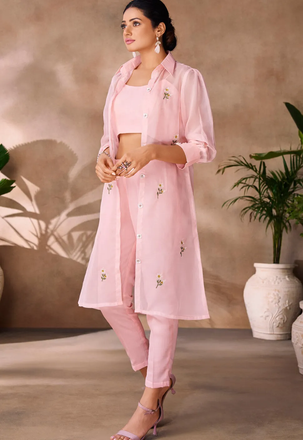 Embroidered Organza Crop Top Set in Pink