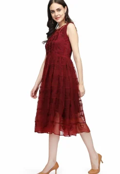 Embroidered Organza Fit and Flare Dress in Maroon