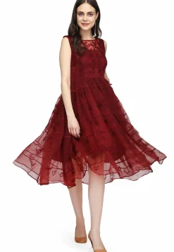 Embroidered Organza Fit and Flare Dress in Maroon