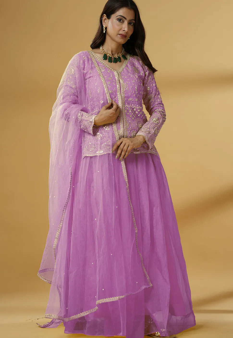 Embroidered Organza Lehenga in Pink