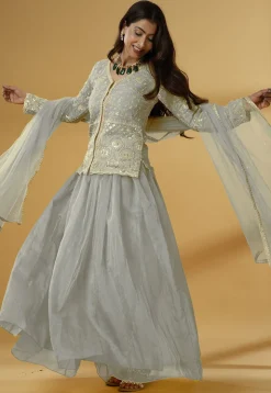 Embroidered Organza Lehenga in Grey